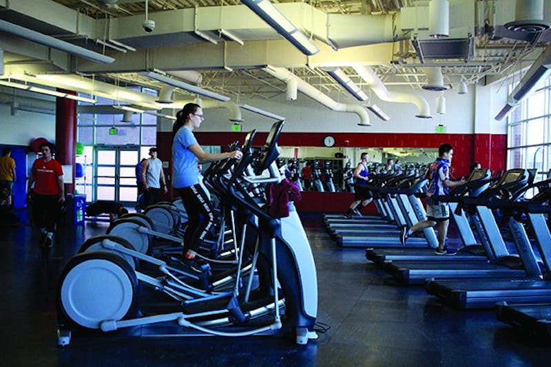 Students use the updated cardio equipment in the ShipRec. Six new machines were also added.