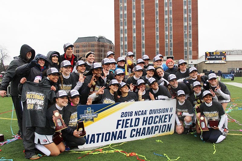 The SU field hockey team celebrates its fourth NCAA Division II championship win in the last six seasons.
