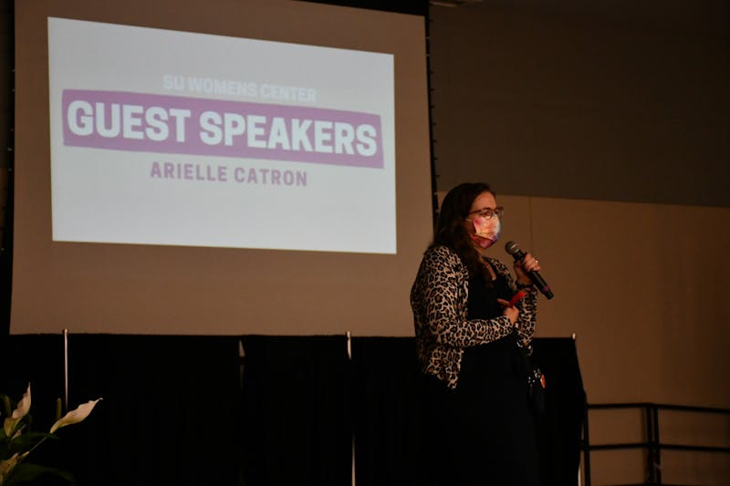 Guest speaker Arielle Catron addresses the audience at Alpha Sigma Tau’s #MeToo event. Catron is the director of the Women’s Center at Shippensburg University. Catron made sure to have the audience understand that the Women’s Center on campus is open to all students. &nbsp;