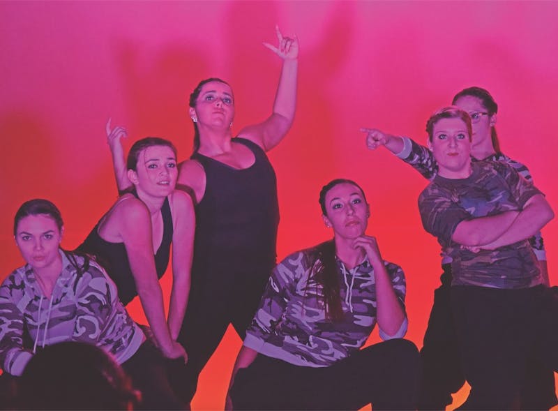 (From L-R) Cassie Price, Paige Arensmeyer, Nicole James, Kate Lindsay, Megan Marquart, Kelly Smith pose at the final moment of the third performance, “KJ Mix 3.”