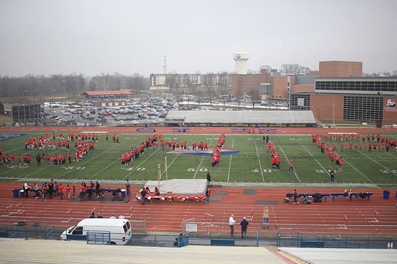 Students stand on the field in Seth Grove Stadium to spell out SHIP. The flash mob kicked off the first of many events that are part of president Carter’s 17 days of kindness.