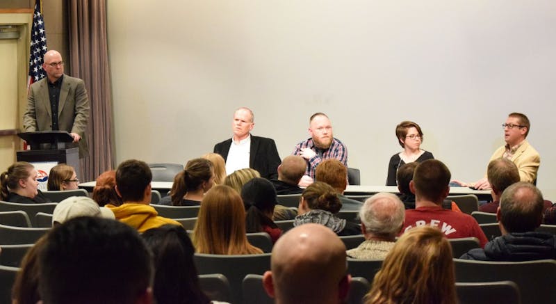 SU professors and high school teachers from the Mechanicsburg School District host a panel on science and religion in the Ceddia Union Building’s Orndorff Theatre. The panel debated the concept of discussing evolution in the classroom.