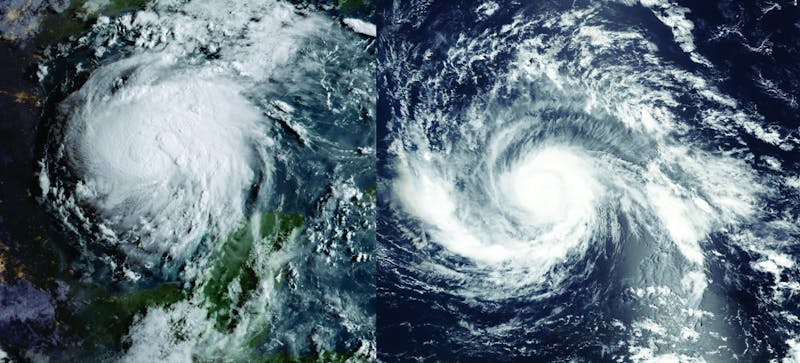 Hurricane Harvey, left, and Hurricane Irma made landfall over two weeks apart from one another.&nbsp;