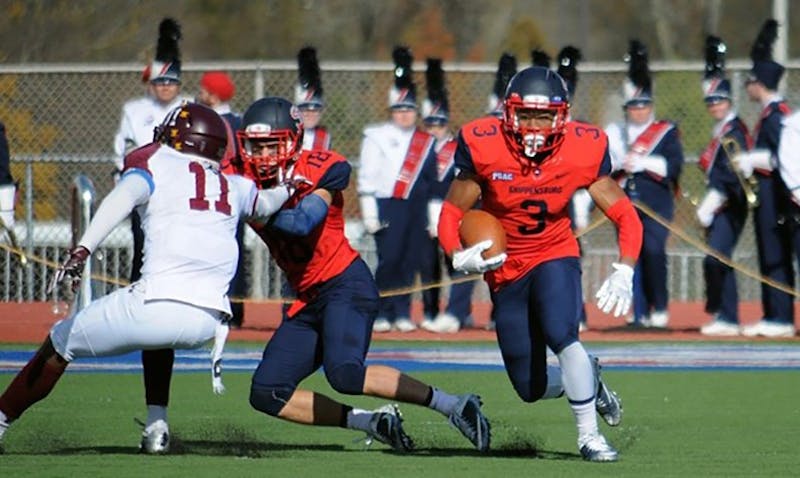 Wide receiver Charles Headen III (No. 3) led the way for the Red Raiders with two touchdown receptions on 55 yards receiving in the game against Bloomsburg.