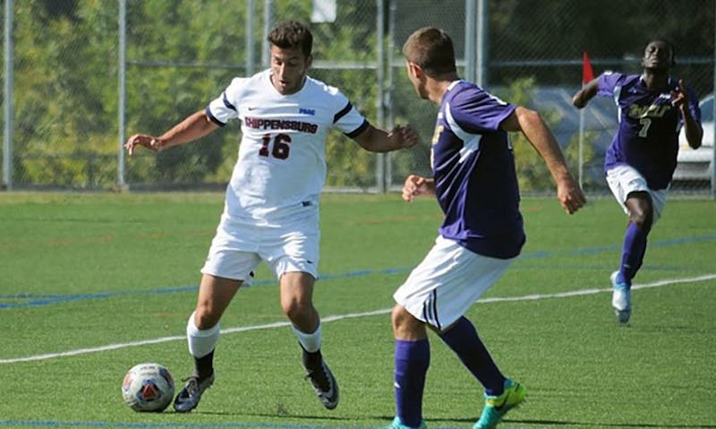 Midfielder Joey Gallucci, left, put on a show against Shepherd, scoring two goals and grabbing an assist to lead the charge in the record 7–0 win.