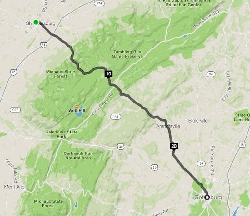A straightforward route from Shippensburg to Gettysburg the cyclists often take on their occasional evening rides together.