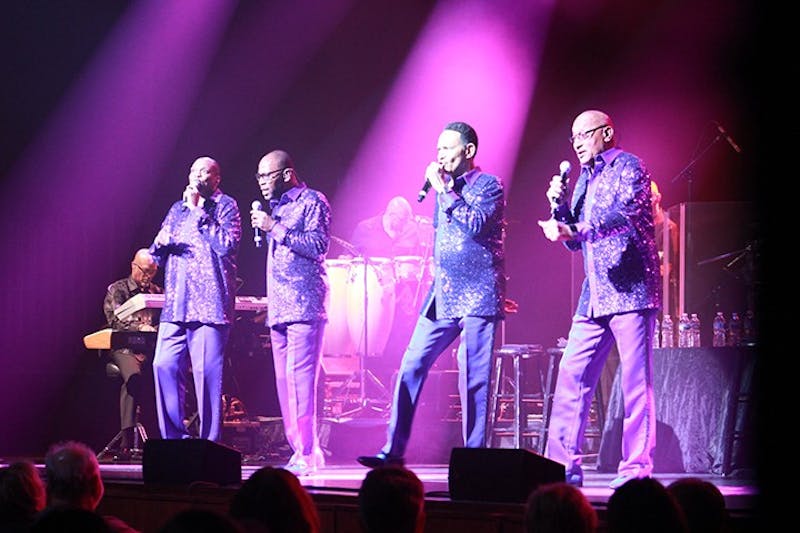 The Four Tops, composed of (left to right) Alexander Morris, Roquel Payton, Ronnie McNeir and Abdul “Duke” Fakir, warms up the Luhrs audience.