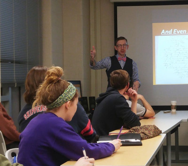 John Heckman talks to students about history and uses his wisdom to guide the discussion.