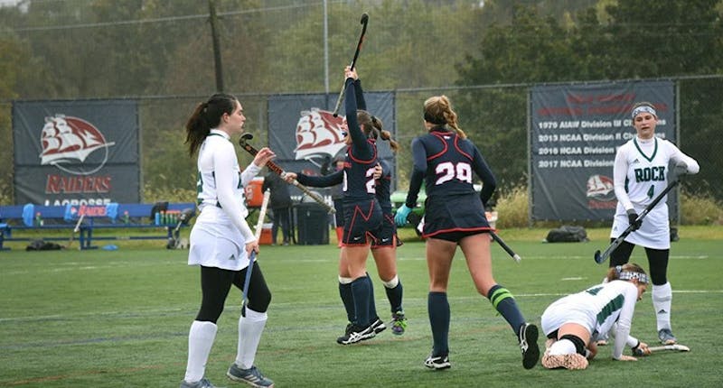 Sophomore midfielder Emily Stauffer (No. 20) celebrates one of her two goals in the 3–0 win over Slippery Rock University from David See Field on Saturday.