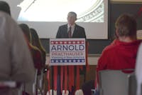 Republican nominee Colin Arnold speaking to a mock Republican National Convention, promising to return the United States to its traditional roots.