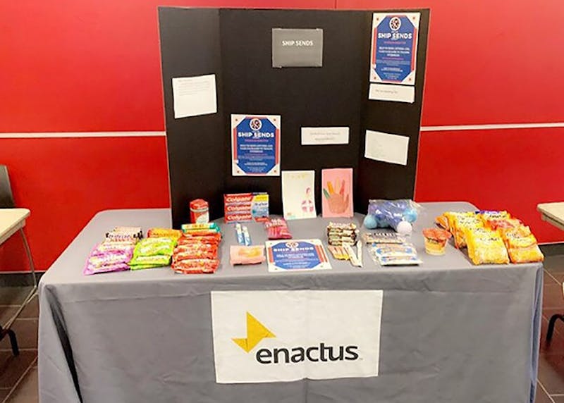 ENACTUS collected supplies to send to U.S. troops during the week before Thanksgiving break in the Ceddia Union Building. The club works to identify social issues and develops projects to combat those issues.