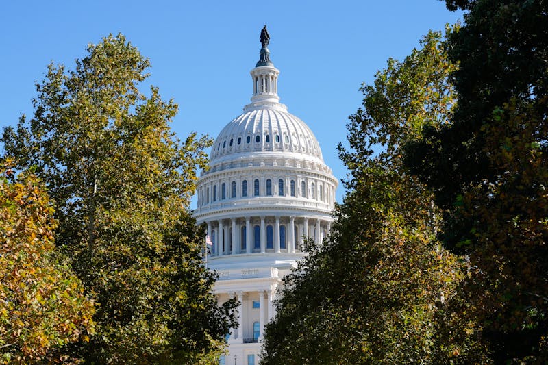 The Statue of Freedom atop the U.S. Capitol is seen between autumn tree leaves on day 23 of the government shutdown, Thursday, Oct. 23, 2025, in Washington. (AP Photo/Mariam Zuhaib)