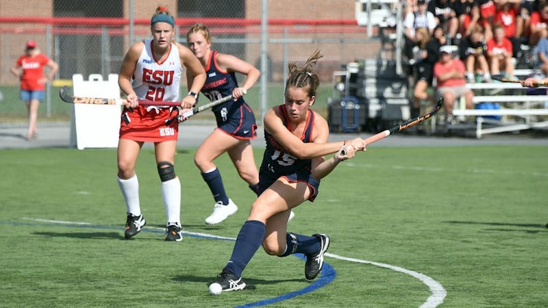 Valen Alonso approaches the goal and takes one of her four shots against East Stroudsburg. She scored the Raiders' lone goal in the fourth quarter of a 2-1 loss to the No. 4 nationally-ranked Warriors.