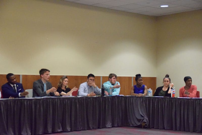 SGA senators vote on a motion to approve the 2019-20 SUSSI SGA operating budget during the meeting on Thursday afternoon. The motion passed 16-7 with two abstentions, but a 45-minute long conversation occurred before the vote. A motion to table the vote indefinitely also was brought up, but failed by a vote of 18-8.