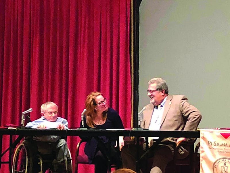 Panelists (from left) Timothy Dombro, Alison Dagnes and Scott LaMar discussed the impacts of the news cycle on both local and national news media. The forum also covered the importance of consuming media from multiple sources.
