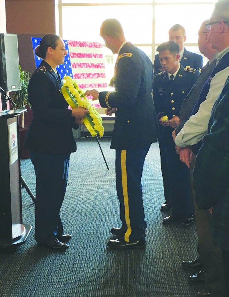 Last year’s Veteran’s Day ceremony featured a speech by Lt. Col. Christopher Morton. Previous Veteran’s Day activities have included the presentation of a wreath, as well as the release of balloons outside of the Ceddia Union Building.