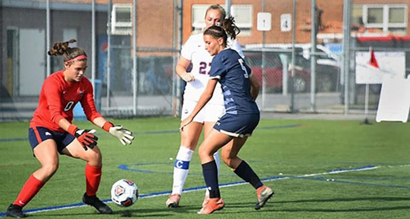 Delaney Shifflett, pictured on the left, has improved drastically from her freshman season last year. Shifflett made six saves, but she allowed the game’s only goal on Saturday. The Raiders are 3-1, and Shifflett’s improved play in goal has been a major reason for the team’s fast start to this season.