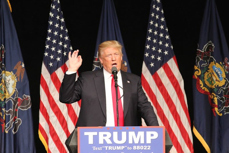 Republican presidential candidate Donald Trump addresses a crowd at the Pennsylvania Farm Show Complex in Harrisburg on&nbsp;Thursday.