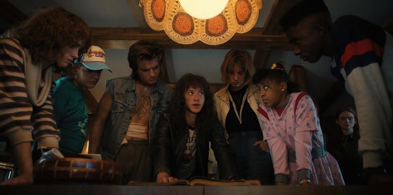 Our Hawkins heroes plan their final attack against Vecna in the final two episodes of "Stranger Things 4". From left to right: Natalia Dyer, Gaten Matarazzo, Joe Keery, Joseph Quinn, Maya Hawke, Priah Ferguson, Sadie Sink, and Caleb McLaughlin