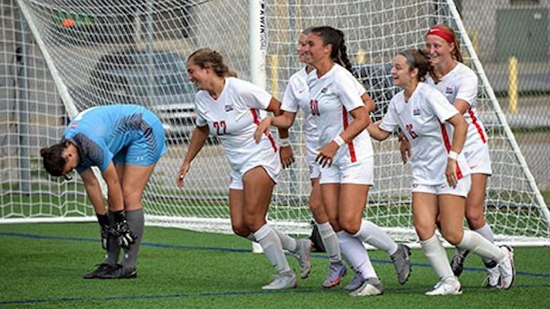 Shippensburg’s women’s soccer team is all smiles after finally getting their first win of the season in a 1-0 victory over East Stroudsburg on Saturday afternoon.
