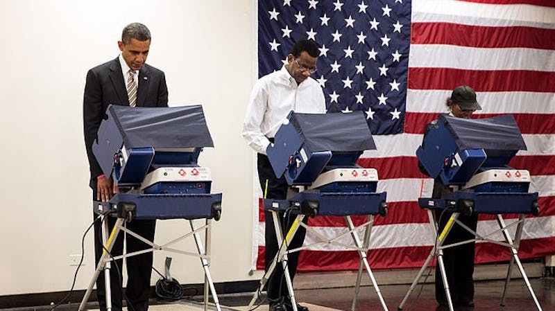 President Barack Obama votes in Chicago, Illinois during the 2012 preisdential election.