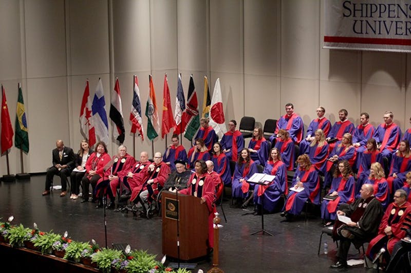 Shippensburg University president Laurie Carter makes her inaugural address on Friday afternoon at the H. Ric Luhrs Performing Arts Center. The inauguration began with greetings and continued with guest speakers SU President Emeritus Anthony Ceddia and Eastern Kentucky University Board of Regents Chair Craig Turner. Carter’s address reiterated the importance of students’ success at the university, and her goal to make changes with urgency that impact students now.