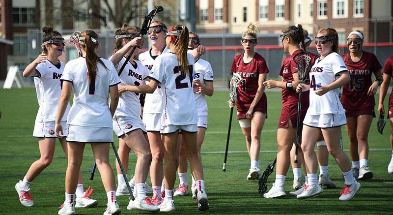 The Raiders celebrate one of their 17 scores in a home victory over Lock Haven that included an 11-2 scoring run in the second half. Sophomore Alana Cardaci and junior Kami Holt scored the most goals and assists, respectively, in a single game for SU in six years. Cardaci had the most goals for SU since 2007 (53).