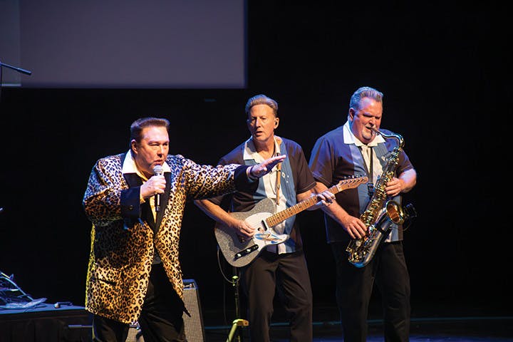 Linwood Sasser impersonating the Big Bopper during the ‘Winter Dance Party’ Thursday night.