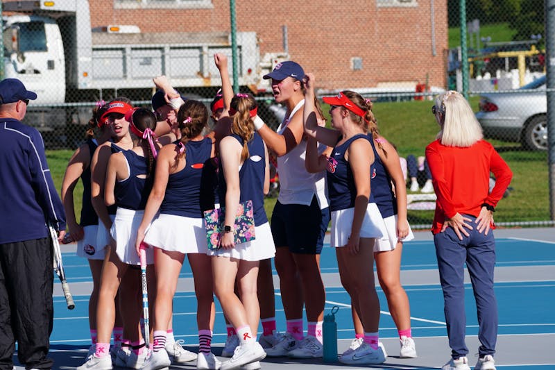 The women's tennis team dressed up in pink to support their head coach Sheila Bush who got diagnosed with cancer in their match against Messiah.