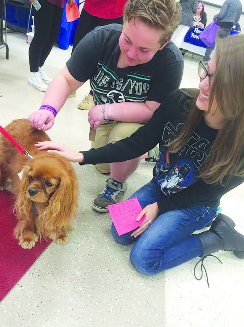 Therapy dogs visit and comfort SU students before finals.