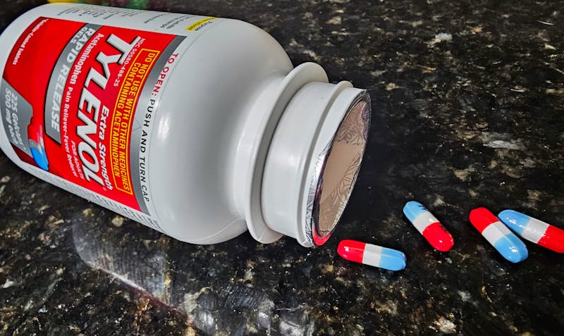 A bottle of Tylenol. Its active ingredient, acetaminophen, is found in numerous over-the-counter medications