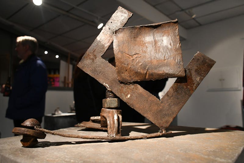 One of the 17 pieces created by SU students, Jordan Robinson’s piece displays the weathered texture in the mild steel pieces found at the location of the former Domestic Engine and Pump Co. plant in Shippensburg. 