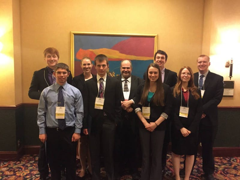 Members of PBL attended the State Leadership Conference last year. (Left to right) First row: Ryan Newcomer, Jason Laubach, Pam Ranson, Jen Bauer. Second row: Cody Olson, Allison Wilson, professor Edward Pitingolo, Jon While and Doug Michaels.