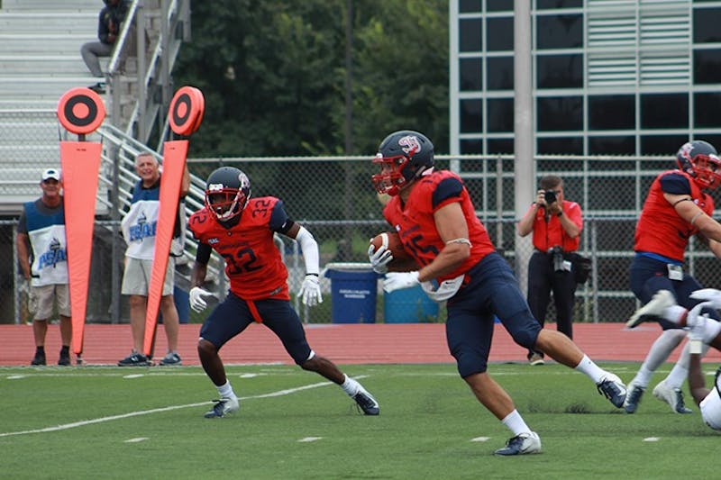 Senior quarterback Chase Yocum (No. 15) had one of SU’s two rushing touchdowns against LIU Post. Yocum is used in many red zone situations as a read option quarterback. He has a handful of short touchdown runs so far this season. Yocum has as many touchdowns on the ground (3) as the combined running back core.