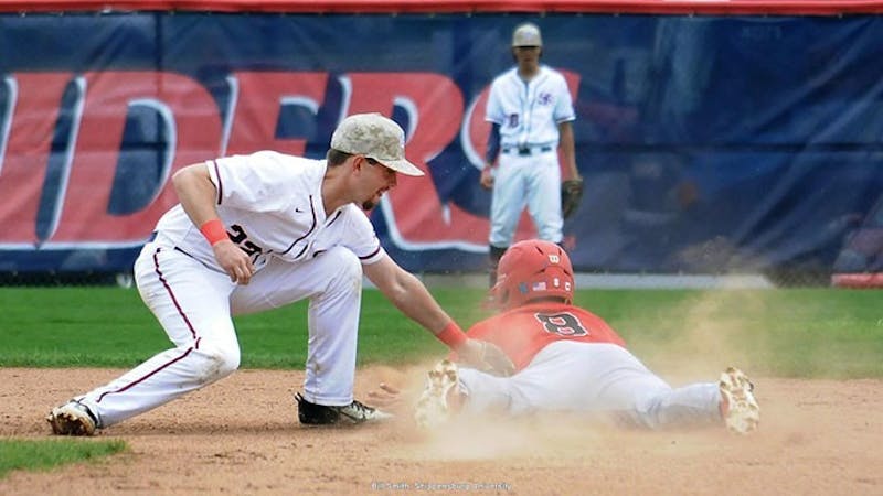 Senior Nick Spangler, left, had an RBI single in the team’s 7-1 loss on Saturday to PSAC rival East Stroudsburg. The Raiders have a massive four-game series this upcoming weekend against Kutztown University. The series will go a long way toward clearing up the currently crowded PSAC Eastern Division playoff picture.