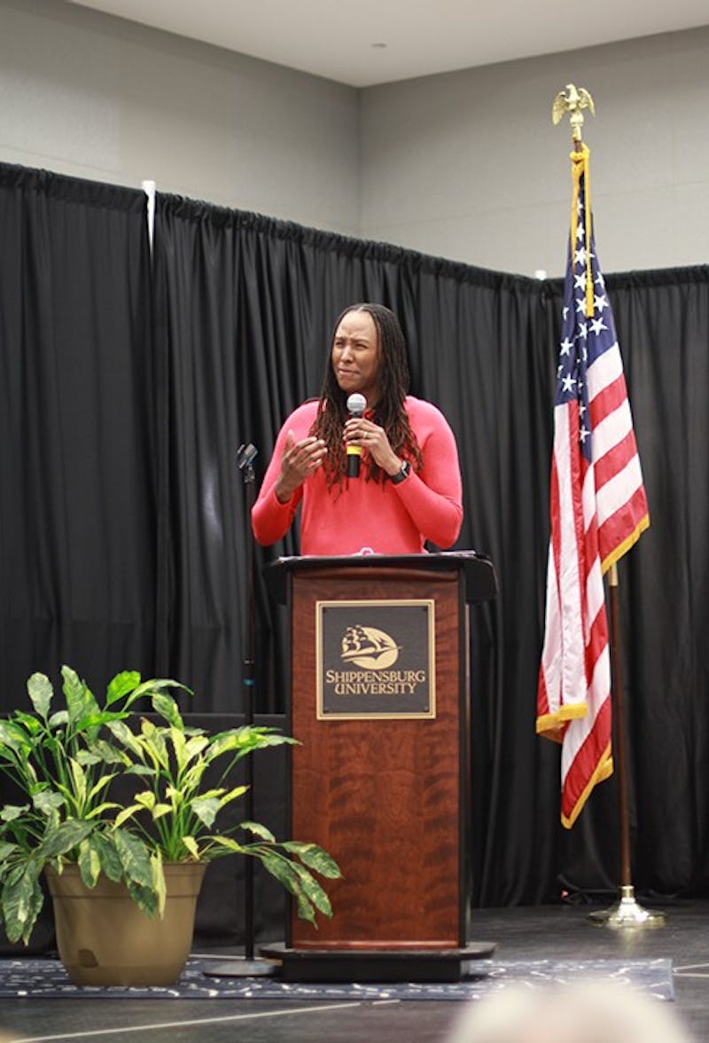 Chimique Holdsclaw shares her personal struggles with SU students as part of the SU Women’s Center’s celebration of Women’s History Month. Holdsclaw encouraged the audience to reach out and tell someone if they are struggling.