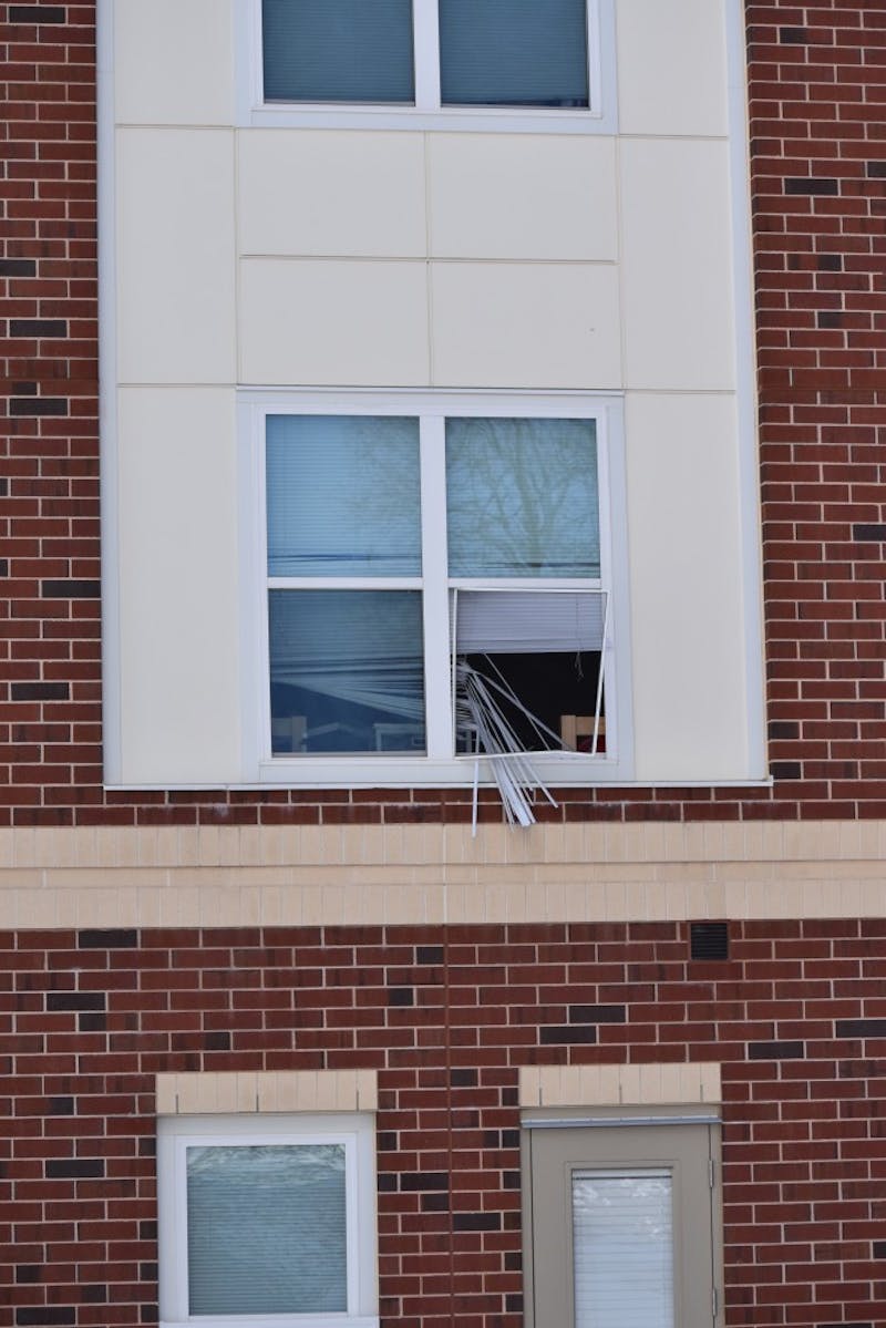 The student jumped from the second floor of Naugle Hall and ran on foot. Damage included shattered glass, broken blinds and window screen and blood in the Franklin Science Center.