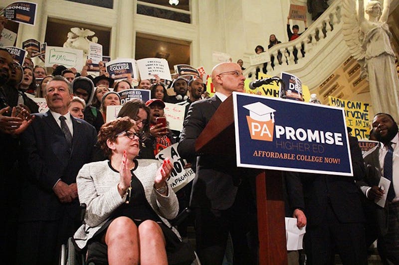 Sen. Vincent Hughes riles up the crowd on the steps of the Capitol’s main rotunda during the PA Promise rally Wednesday afternoon. Various speakers told their stories of why schools need more funding. Students from PASSHE universities across the state showed their support and asked lawmakers for more funding.