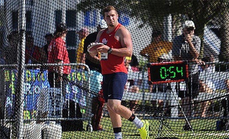 SU senior Bryan Pearson broke his own school record in the discus, with a throw of 182 feet and 10 inches to improve his lifetime best of 181 feet, 10 inches.&nbsp;
