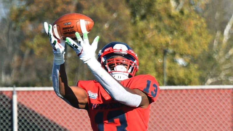 Former SU receiver Winston Eubanks catches a long touchdown pass from quarterback Brycen Mussina. Eubanks tallied 14 touchdowns in his career at Ship.