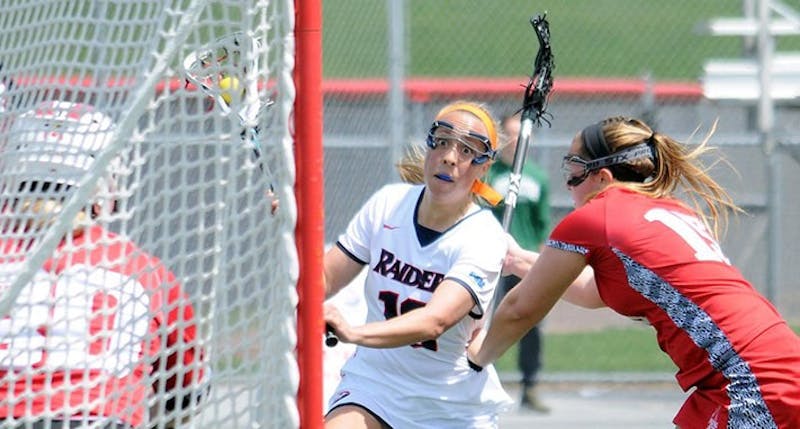 Allison Fugate, center, picked up her second hat trick of the season in SU’s win over Edinboro. Fugate is second on the team with 24 goals in 15 contests.&nbsp;