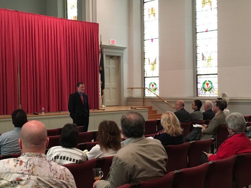 SU presidential candidate Stephen Gavazzi meets with students and faculty in Old Main Chapel.