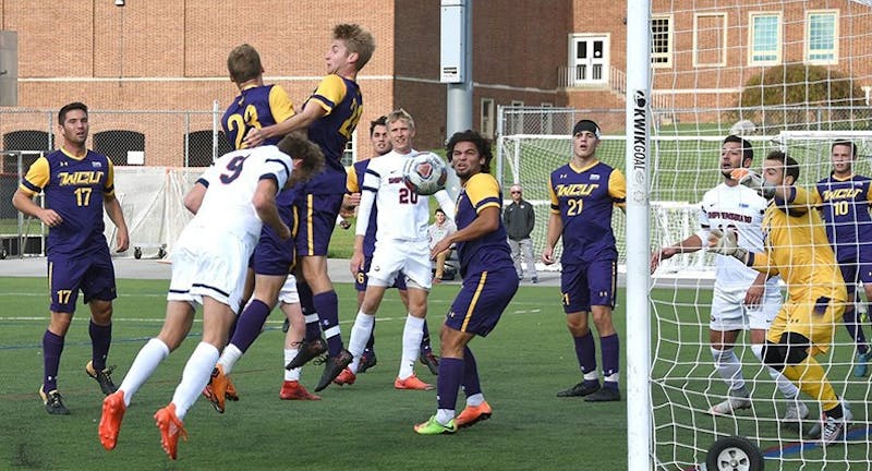 Freshman Julian Horstmann (No. 9) grabs the only goal in the match against WCU. The draw was the third in a row for the Raiders before the loss to the Lakers.