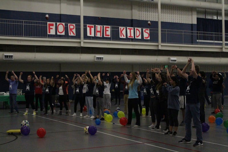 Mini-THON attendees dance during this year’s event. All of the money raised was donated to the Four Diamonds Fund.