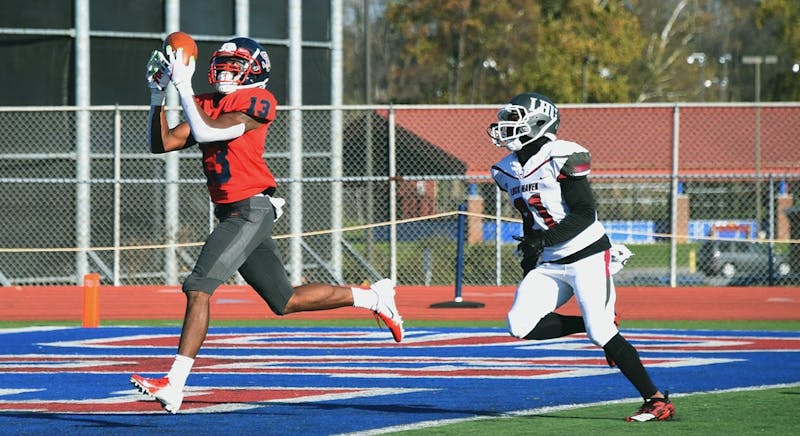Winston Eubanks pulls in one of his three receiving touchdowns against Lock Haven. His three scores were a career high, and his 129 receiving yards were his second-highest total of the season.