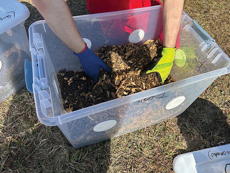 Green League members working on campus farm.&nbsp;