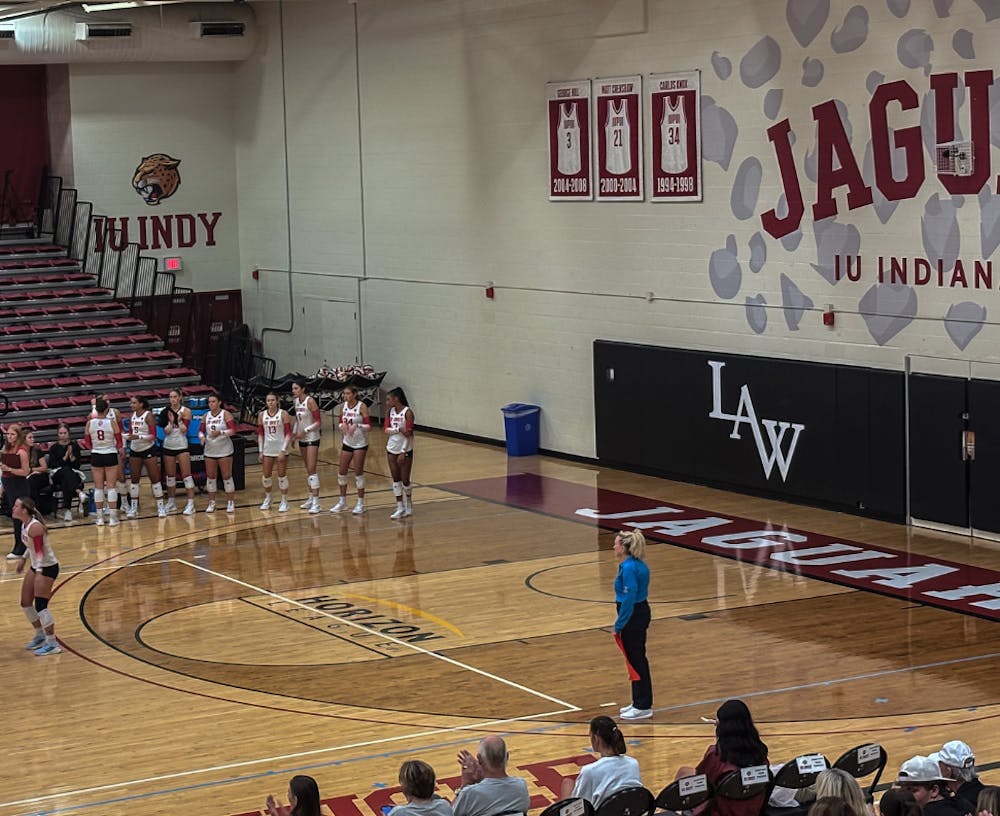 IU Indianapolis celebrates after scoring a point against Bellarmine during the Hampton Inn Invitational on Sept. 11 at The Jungle.