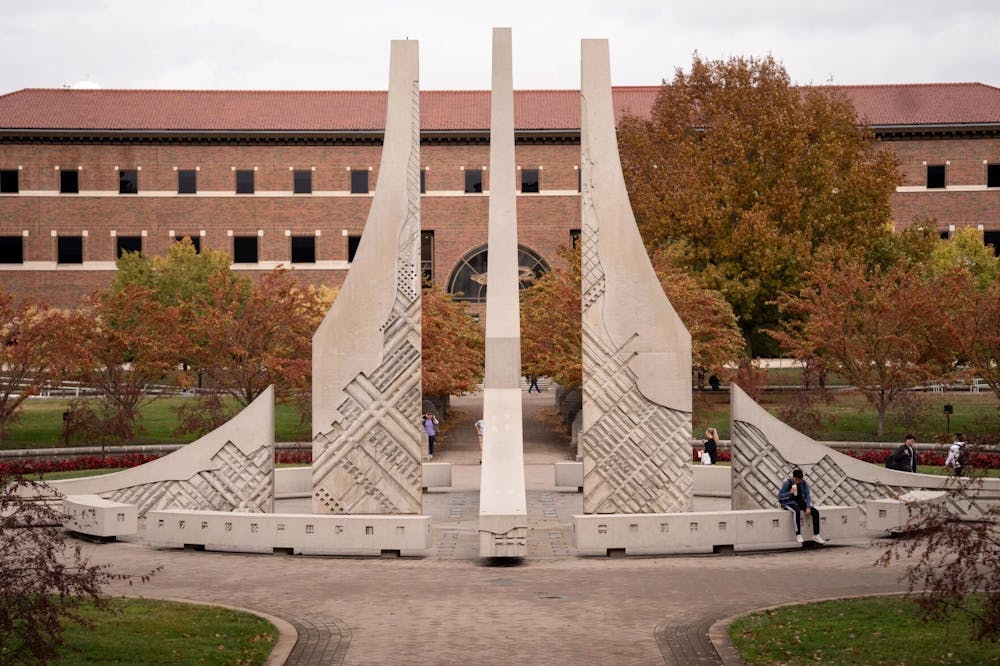 The Purdue Engineering Fountain stands surrounded by fall foliage.
(Photo courtesy of Andrew Coleman/The Exponent)