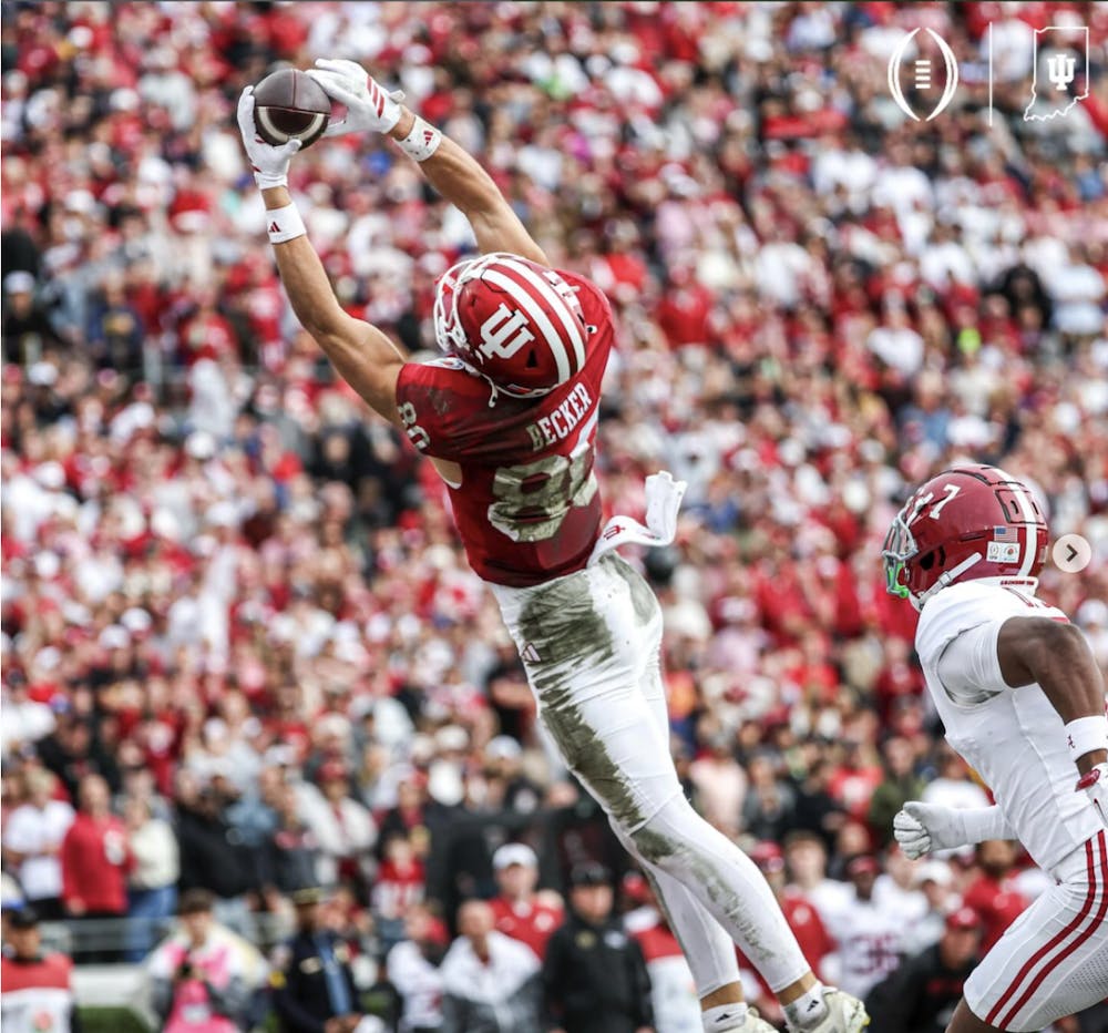 Wide receiver Charlie Becker catches the ball and scores Indiana’s first touchdown of the game. (Photo courtesy of Indiana football Instagram)
