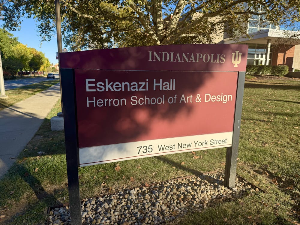 Eskenazi Hall signage outside the Herron School of Art and Design, one of two buildings on campus dedicated to art students.